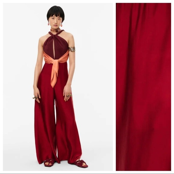 Zara Pants - NWT. Zara Limited Edition Raspberry Long Jumpsuit with Tie. Size S.